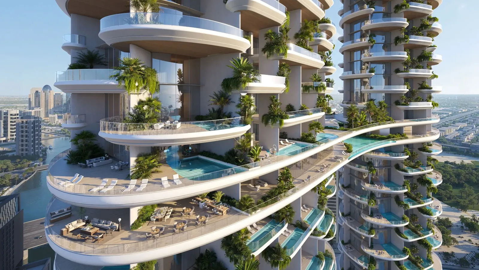 Amali Residences towers with private pool terraces overlooking the Dubai Water Canal