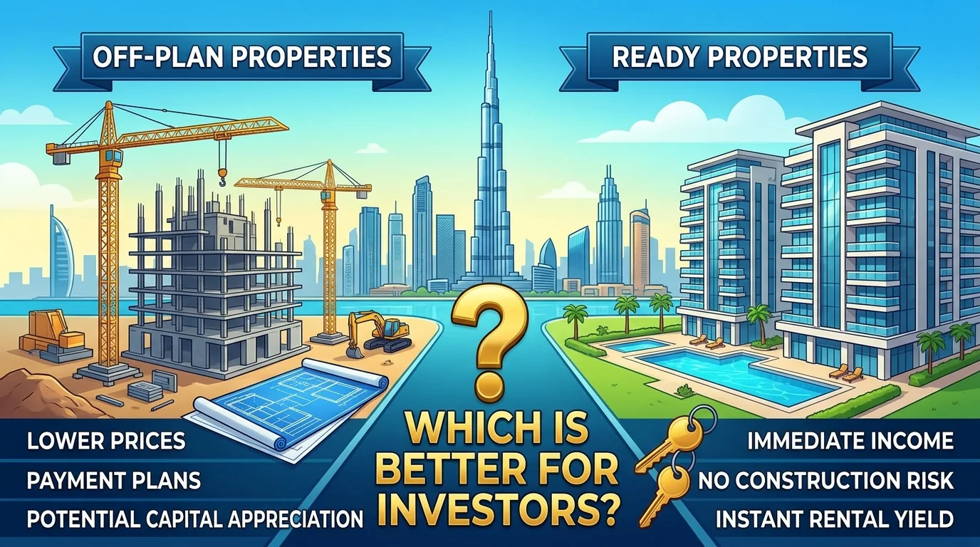Infographic comparing off-plan and ready property in Dubai: lower prices, payment plans and capital growth versus immediate income, no construction risk and instant rental yield