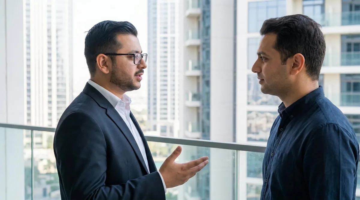 Taha Munir showing a client the view from a Dubai property