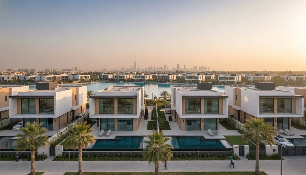 Waterfront villas with the Dubai skyline