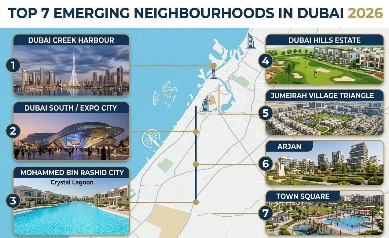 Top 7 emerging neighbourhoods in Dubai: infographic map